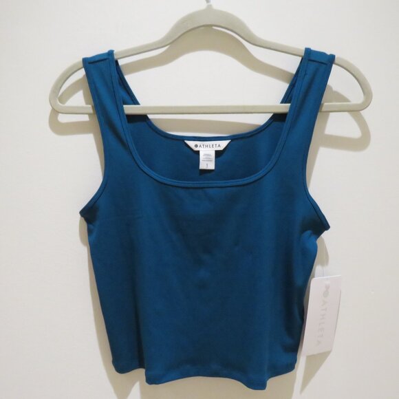 ATHLETA Signature Rib Square Neck Crop Tank Top Coastal Teal Stretch Casual NWT - Picture 2 of 12